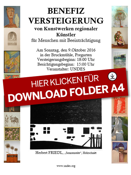 Benefizversteigerung von Kunstwerken regionaler Künstler am 9. Oktober 2016 in der Bruckmühle Pregarten, Besichtigungsbeginn 15 Uhr, Versteigerungsbeginn 18 Uhr.